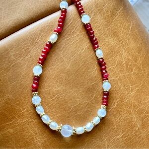 Natural Ruby Pearl Moonstone Gold Necklace Silver Handmade Layering Jewelry